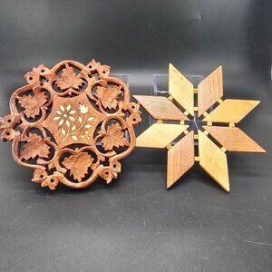 Handcrafted Wooden Trivets With Intricate Leaf & Star Designs - Set Of 2 JJ3841